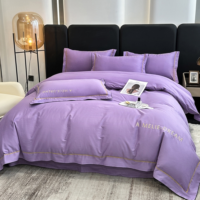 91家纺网 家纺一手货源 找家纺 宇彬家纺 2025新款直播热款13374全棉母婴级压线一字绣宽边枕套被套纯色滚边麻绳四件套贡缎新疆长绒 梦系列-曲雅紫