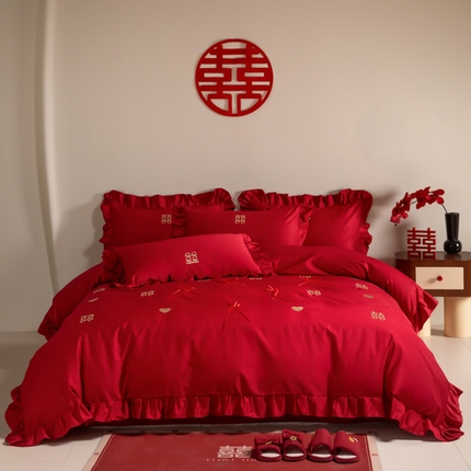 91家纺网 家纺一手货源 找家纺 （总）苏源家居 2025新款花边蝴蝶刺绣款婚庆四件套