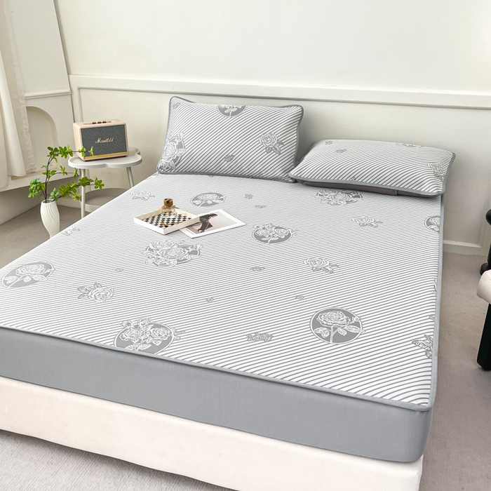 91家纺网 家纺一手货源 找家纺 子曰 2025新款高定版A类PE聚乙烯凉感凉席提花凉席床笠 玫瑰-灰