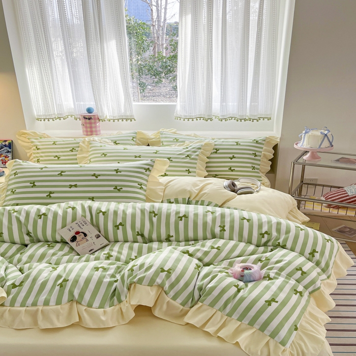 91家纺网 家纺一手货源 找家纺 2025水洗棉花边四件套_9067 蝴蝶结-条纹绿