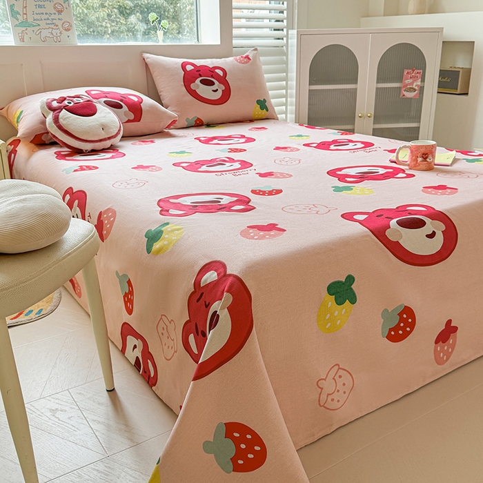 91家纺网 家纺一手货源 找家纺 晓时候 2025原棉老粗布床单凉席三件套软凉席子单床单 草莓熊