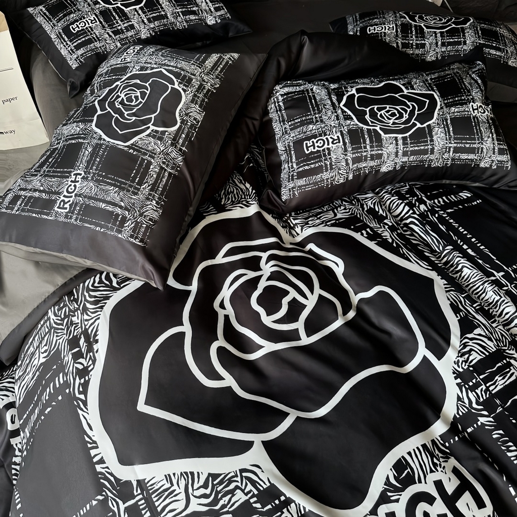 91家纺网 家纺一手货源 找家纺 丽斐纺织  2025新款水洗冰丝数码印花四件套 黑山茶