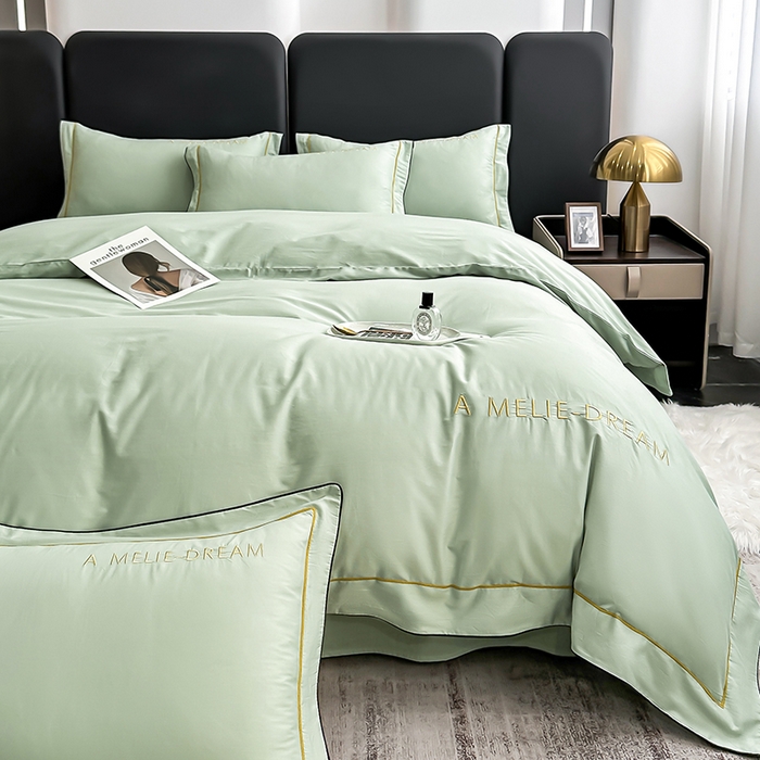 91家纺网 家纺一手货源 找家纺 宇彬家纺 2025新款直播热款13374全棉母婴级压线一字绣宽边枕套被套纯色滚边麻绳四件套贡缎新疆长绒 梦系列-炫彩绿