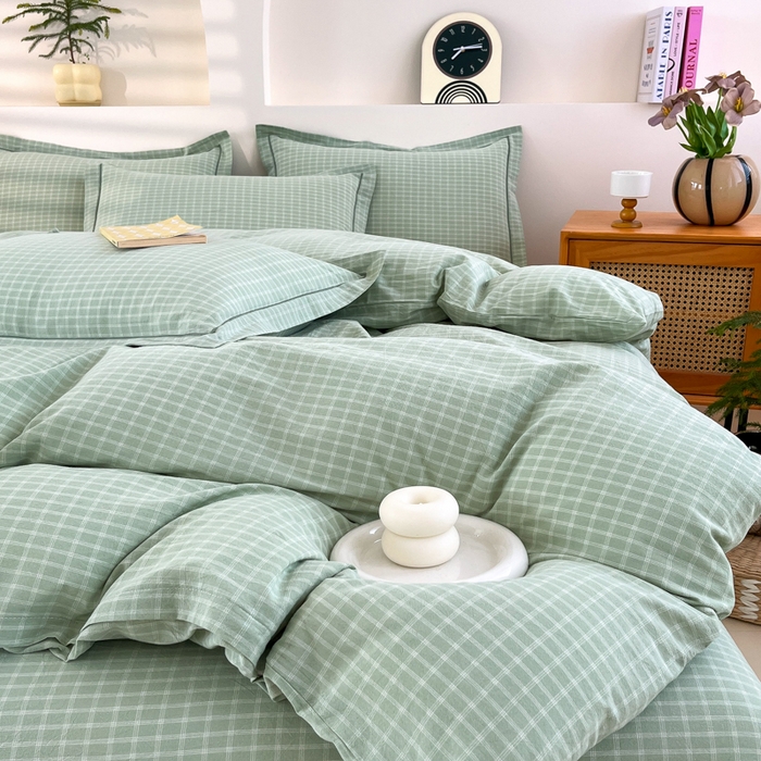 91家纺网 家纺一手货源 找家纺 金窝窝家纺 2025新款纯棉水洗棉四件套 春意盎然淡绿色