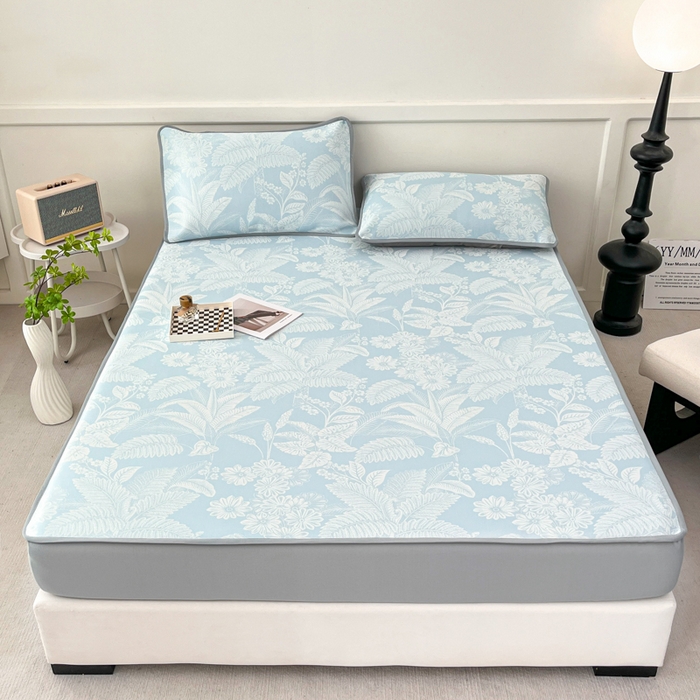 91家纺网 家纺一手货源 找家纺 子曰 2025新款高定版A类PE聚乙烯凉感凉席提花凉席床笠 叶之恋-蓝