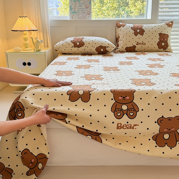 91家纺网 家纺一手货源 找家纺 晓时候 2025原棉老粗布床单凉席三件套软凉席子单床单 饼干熊