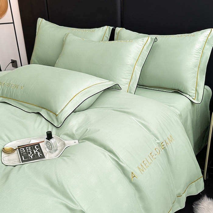 91家纺网 家纺一手货源 找家纺 宇彬家纺 2025新款直播热款13374全棉母婴级压线一字绣宽边枕套被套纯色滚边麻绳四件套贡缎新疆长绒 梦系列-炫彩绿