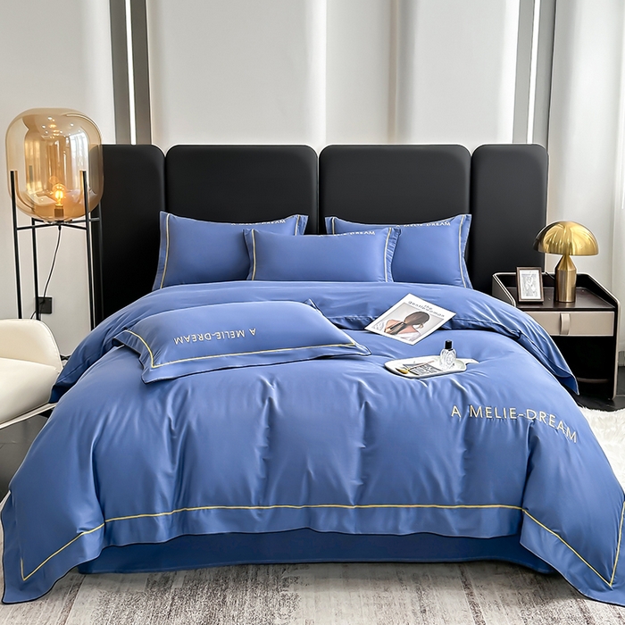 91家纺网 家纺一手货源 找家纺 宇彬家纺 2025新款直播热款13374全棉母婴级压线一字绣宽边枕套被套纯色滚边麻绳四件套贡缎新疆长绒 梦系列-宾利蓝