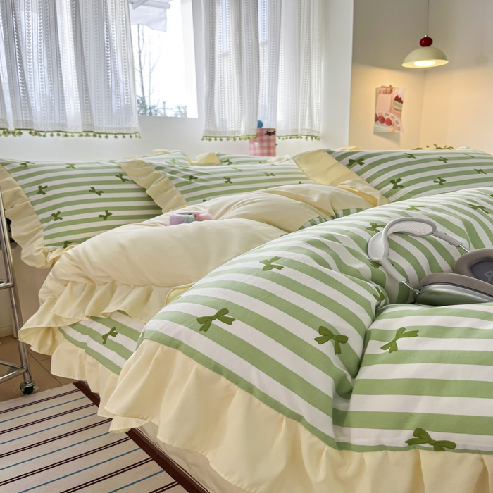 91家纺网 家纺一手货源 找家纺 2025水洗棉花边四件套_9067 蝴蝶结-条纹绿