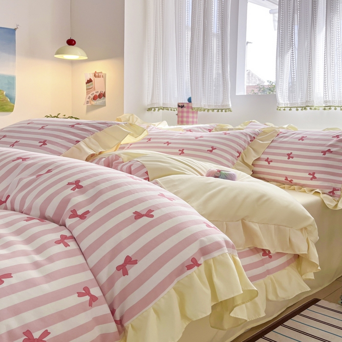 91家纺网 家纺一手货源 找家纺 2025水洗棉花边四件套_9067 蝴蝶结-条纹玉粉