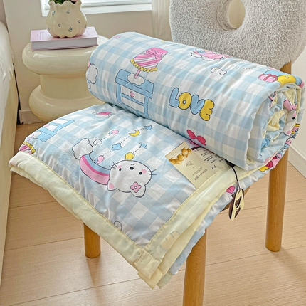富艺隆 2025新款水洗棉印花夏被 蛋糕小猫蓝