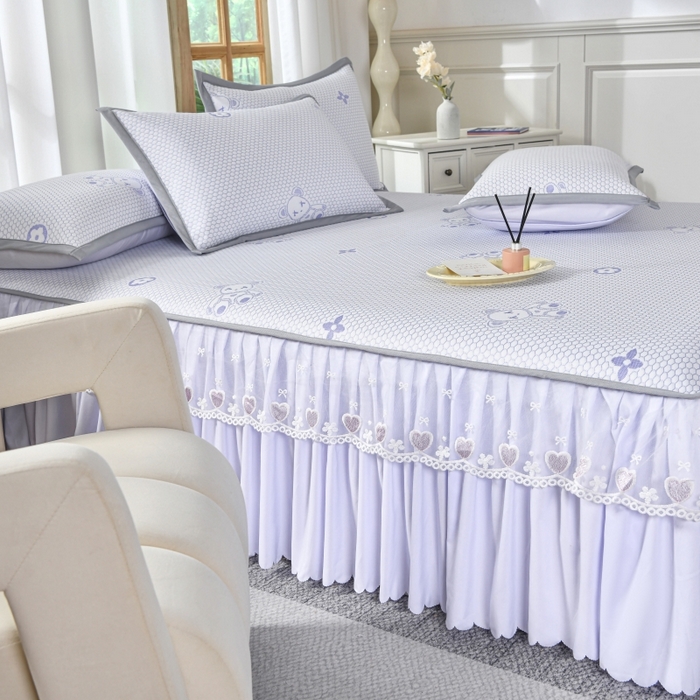 91家纺网 家纺一手货源 找家纺 品乐家纺  2025新款床裙款提花冰豆豆套件凉席席子 浅紫