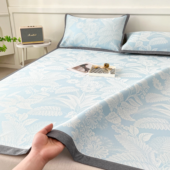 91家纺网 家纺一手货源 找家纺 子曰 2025新款高定版A类PE聚乙烯凉感凉席提花凉席床笠 叶之恋-蓝【平铺款】