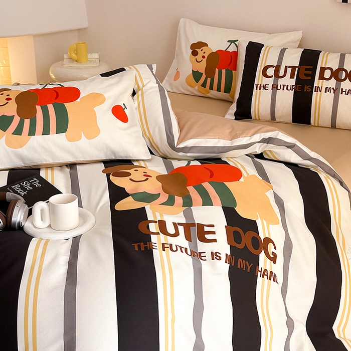 91家纺网 家纺一手货源 找家纺 2025新款全棉大版卡通数码印花纯棉四件套 可爱小狗（黑）