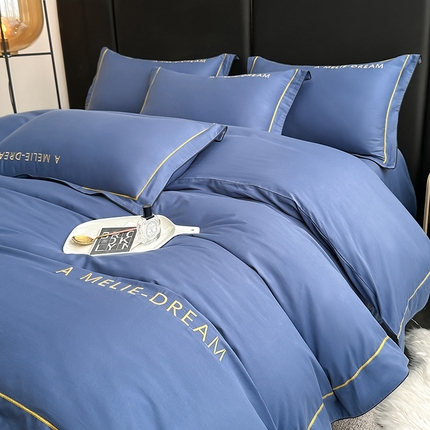宇彬家纺 2025新款直播热款13374全棉母婴级压线一字绣宽边枕套被套纯色滚边麻绳四件套贡缎新疆长绒缎新疆长绒 梦系列-宾利蓝
