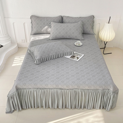 2025新款百分百中分子凉感席   冰感床裙款凉席三件套-四叶草  灰色