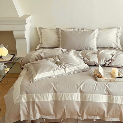 华超针织2025新款全棉长绒棉贡缎贴边四件套 燕麦色