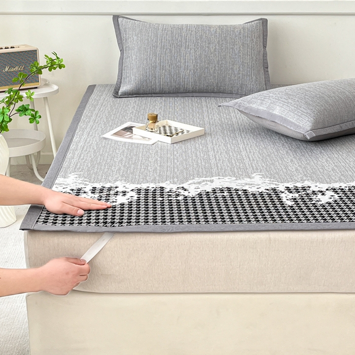 91家纺网 家纺一手货源 找家纺 子曰 2025新款高定版A类PE聚乙烯凉感凉席提花凉席床笠 千鸟格-灰【平铺款】