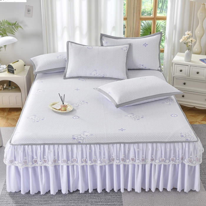 91家纺网 家纺一手货源 找家纺 品乐家纺  2025新款床裙款提花冰豆豆套件凉席席子 浅紫