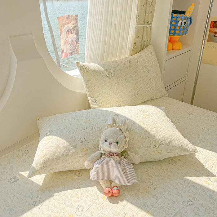 91家纺网 家纺一手货源 找家纺 眠帛家居 2025新款A类水洗皱皱纱印花床单 乖巧猫咪