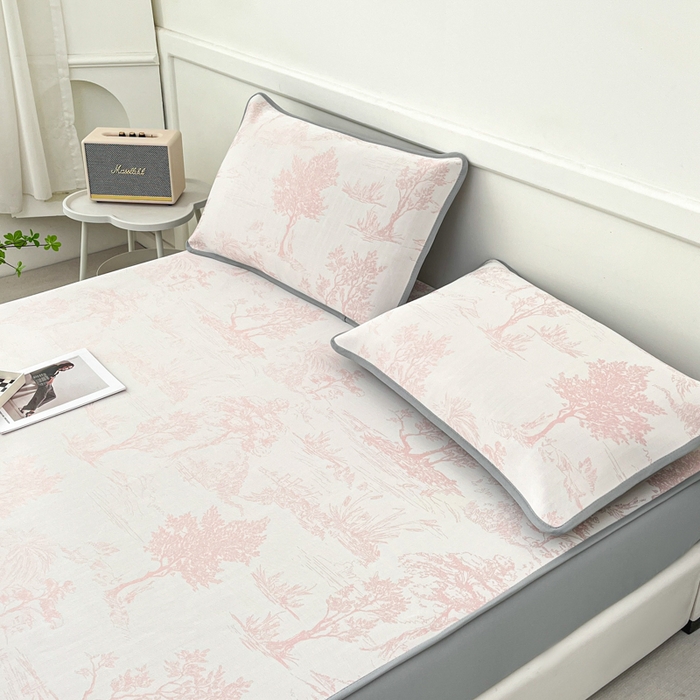 91家纺网 家纺一手货源 找家纺 子曰 2025新款高定版A类PE聚乙烯凉感凉席提花凉席床笠 秘境-粉