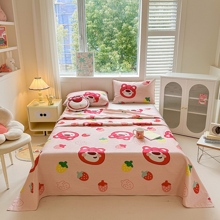 91家纺网 家纺一手货源 找家纺 晓时候 2025原棉老粗布床单凉席三件套软凉席子单床单 草莓熊