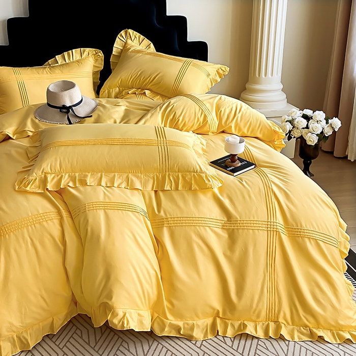 91家纺网 家纺一手货源 找家纺 花香四季家纺 2025新款全棉13376公主风纯棉法式手工立体线条四件套 姜黄