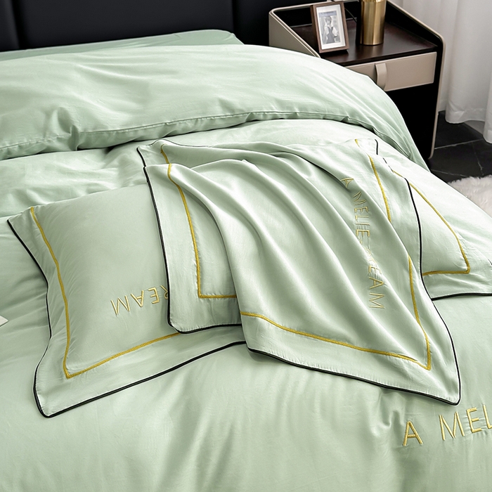 91家纺网 家纺一手货源 找家纺 宇彬家纺 2025新款直播热款13374全棉母婴级压线一字绣宽边枕套被套纯色滚边麻绳四件套贡缎新疆长绒 梦系列-炫彩绿