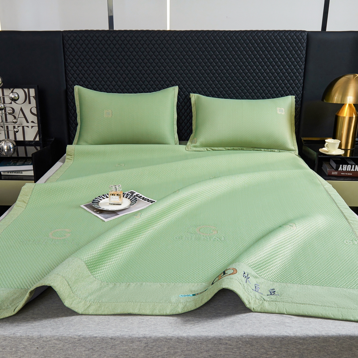 91家纺网 家纺一手货源 找家纺 青雅席业 2025年新款凉感因子母婴级凉感丝豆豆席 香奈儿-水绿