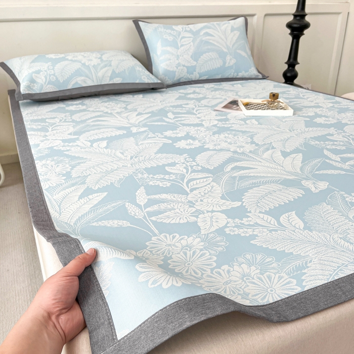 91家纺网 家纺一手货源 找家纺 子曰 2025新款高定版A类PE聚乙烯凉感凉席提花凉席床笠 叶之恋-蓝【平铺款】