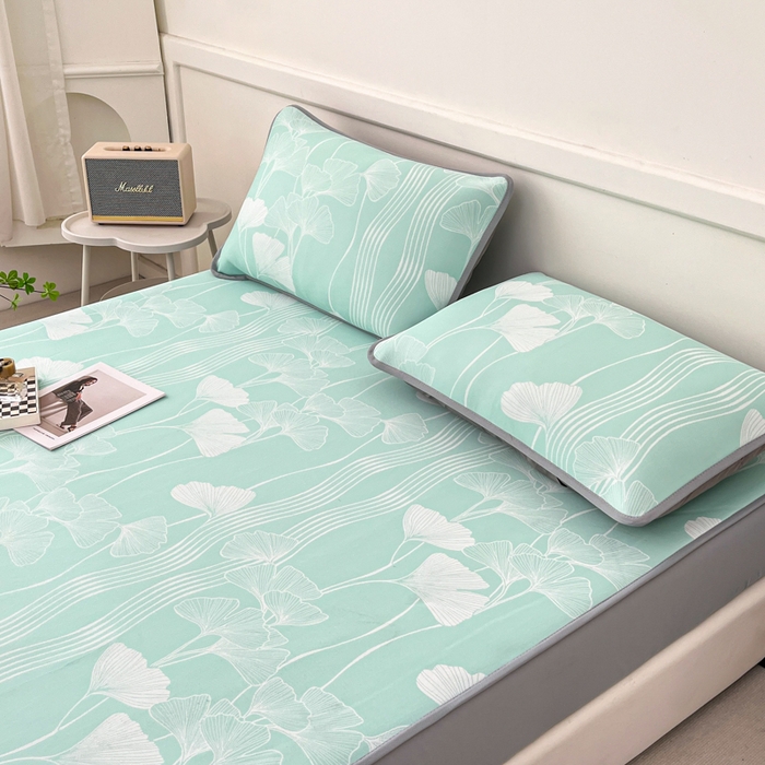 91家纺网 家纺一手货源 找家纺 子曰 2025新款高定版A类PE聚乙烯凉感凉席提花凉席床笠 银杏叶-绿