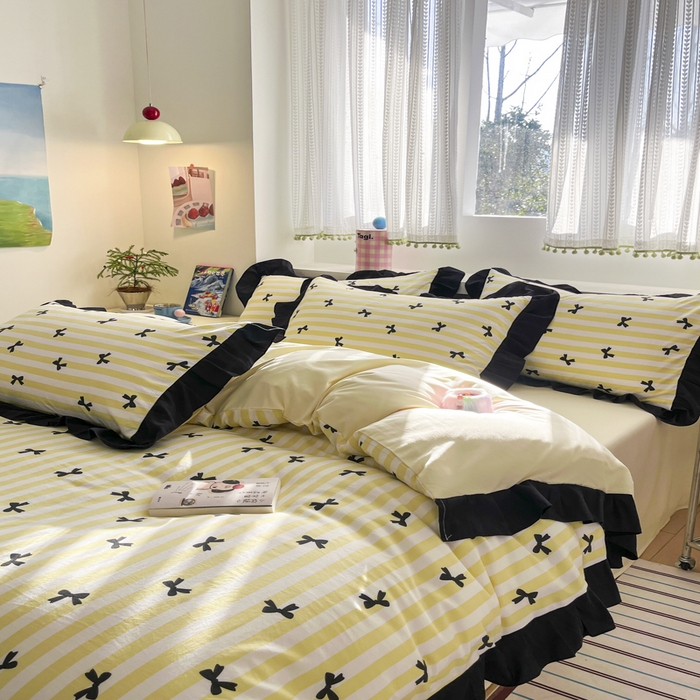 91家纺网 家纺一手货源 找家纺 2025水洗棉花边四件套_9067 蝴蝶结-条纹黄