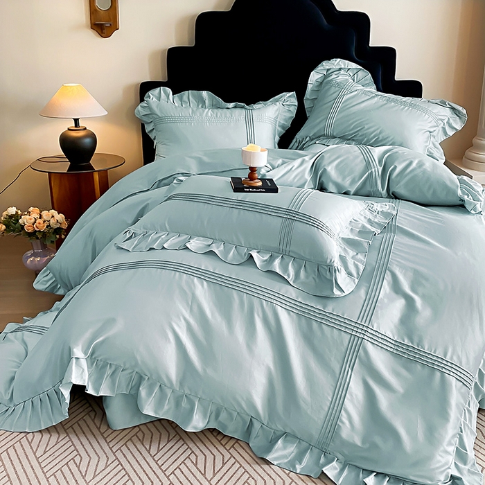 91家纺网 家纺一手货源 找家纺 花香四季家纺 2025新款全棉13376公主风纯棉法式手工立体线条四件套 清风