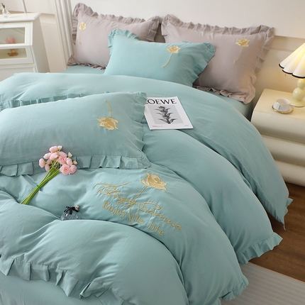 91家纺网 家纺一手货源 找家纺 （总）一比一家纺 2025新款全棉双层纱花边刺绣款四件套