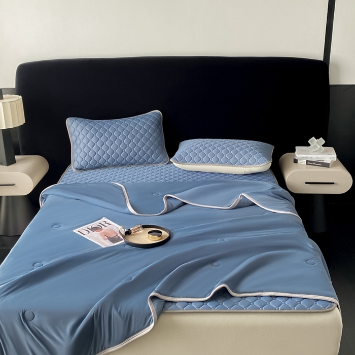 91家纺网 家纺一手货源 找家纺 欧邦 2025新款加厚纯色凉席四件套--凉席三件套 方格-宝蓝