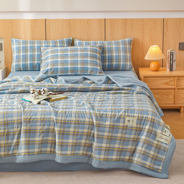 91家纺网 家纺一手货源 找家纺 创优家纺 2025新款无印风格子新疆棉夏被空调被纯棉花被夏被子薄被芯水洗棉包检测 简兮蓝