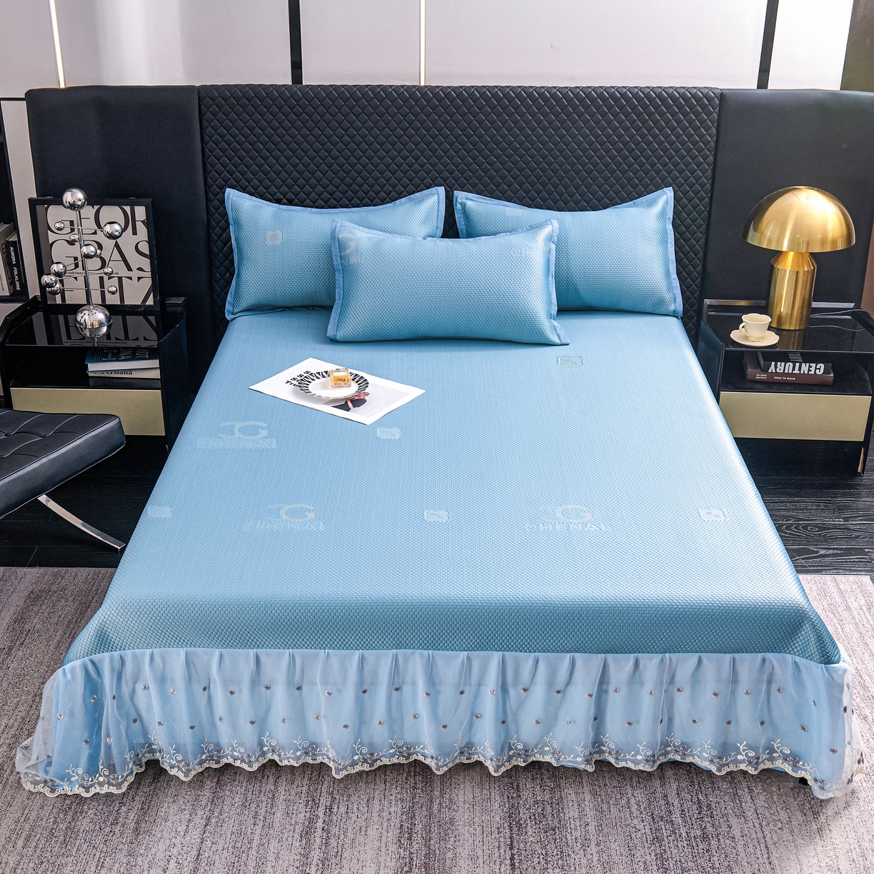 91家纺网 家纺一手货源 找家纺 青雅席业 2025年新款凉感因子母婴级凉感丝豆豆席床裙款 床裙香奈儿-蓝