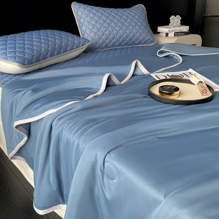 91家纺网 家纺一手货源 找家纺 欧邦 2025新款加厚纯色凉席四件套--夏被四件套 方格-宝蓝