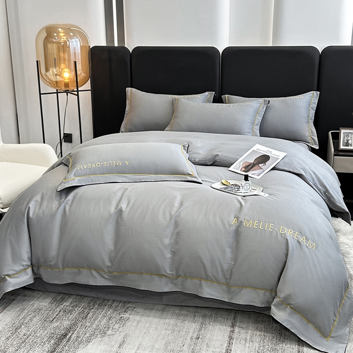 91家纺网 家纺一手货源 找家纺 宇彬家纺 2025新款直播热款13374全棉母婴级压线一字绣宽边枕套被套纯色滚边麻绳四件套贡缎新疆长绒 梦系列-绅士灰