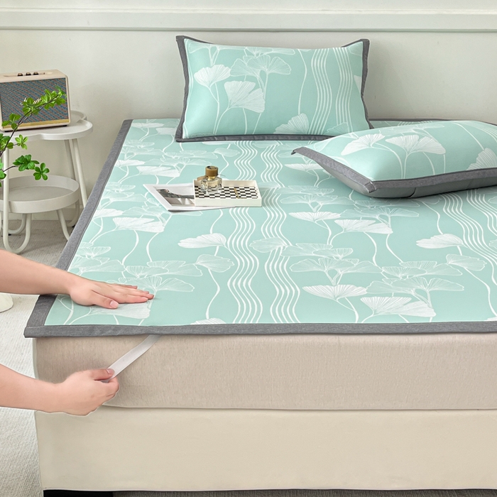 91家纺网 家纺一手货源 找家纺 子曰 2025新款高定版A类PE聚乙烯凉感凉席提花凉席床笠 银杏叶-绿【平铺款】