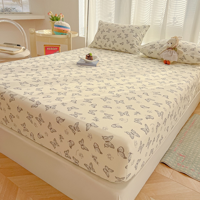 91家纺网 家纺一手货源 找家纺 眠帛家居 2025新款A类水洗皱皱纱印花床笠 蝴蝶偏偏