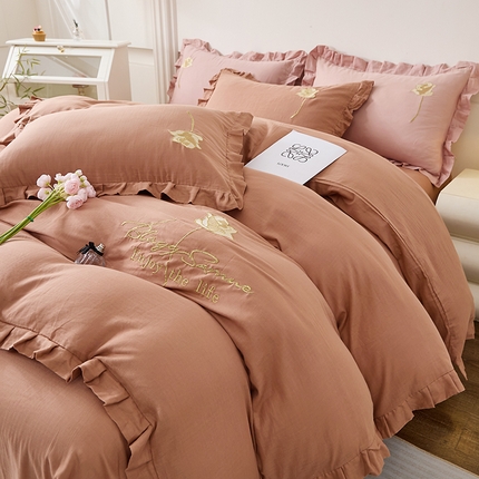 91家纺网 家纺一手货源 找家纺 （总）一比一家纺 2025新款全棉双层纱花边刺绣款四件套