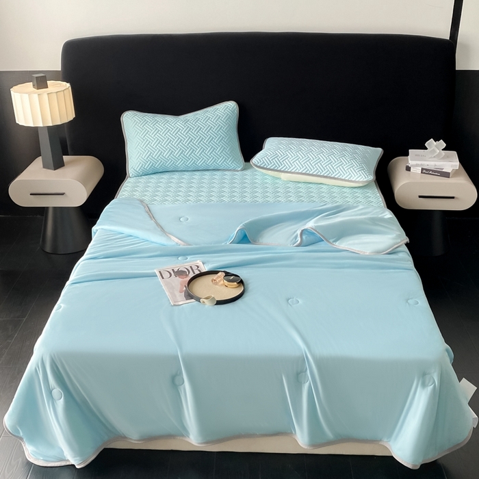 91家纺网 家纺一手货源 找家纺 欧邦 2025新款加厚纯色凉席四件套--夏被四件套 饼干花-湖蓝