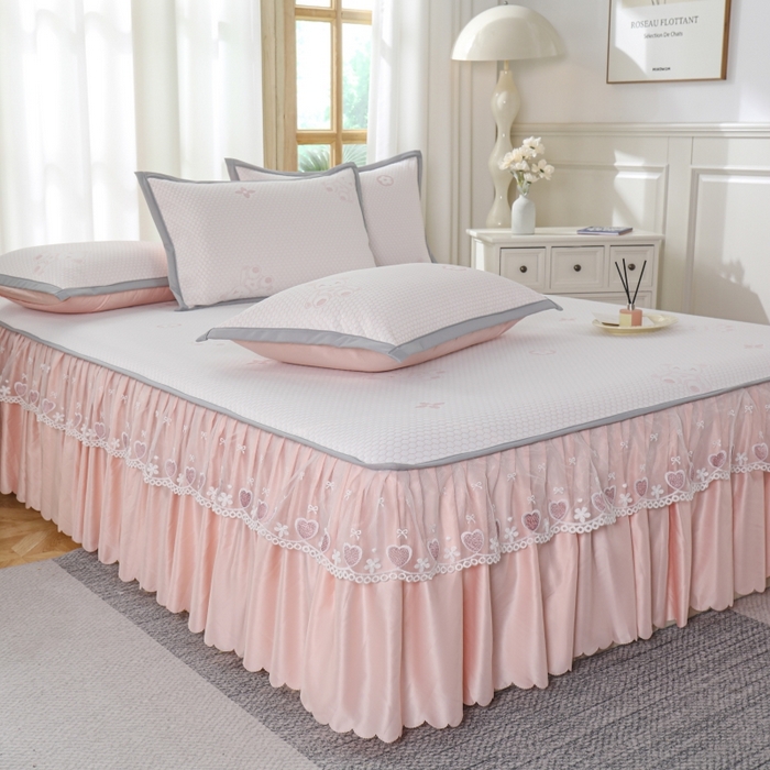91家纺网 家纺一手货源 找家纺 品乐家纺  2025新款床裙款提花冰豆豆套件凉席席子 粉色
