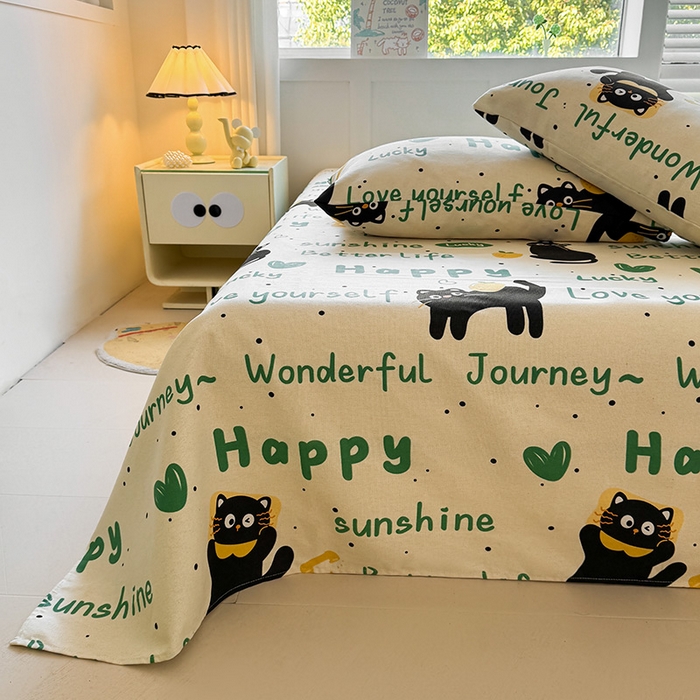 91家纺网 家纺一手货源 找家纺 晓时候 2025原棉老粗布床单凉席三件套软凉席子单床单 幸运黑喵