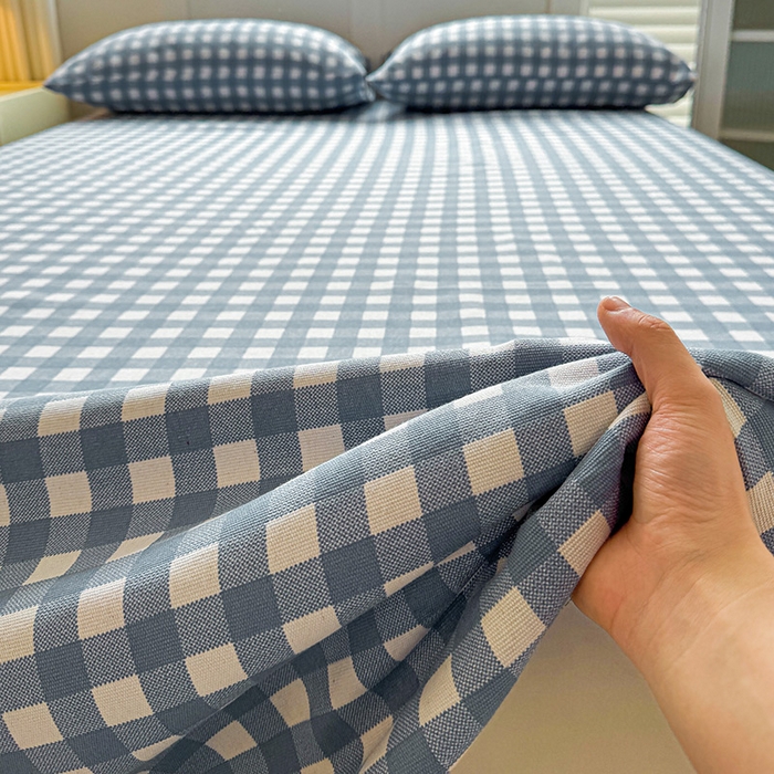 91家纺网 家纺一手货源 找家纺 晓时候 2025原棉老粗布床单凉席三件套软凉席子单床单 蓝小格