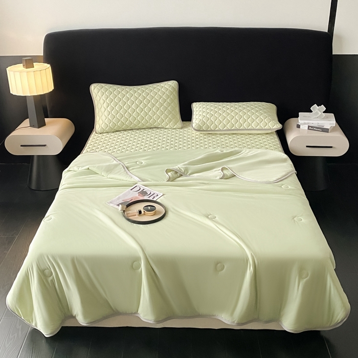 91家纺网 家纺一手货源 找家纺 欧邦 2025新款加厚纯色凉席四件套--夏被四件套 方格-果绿