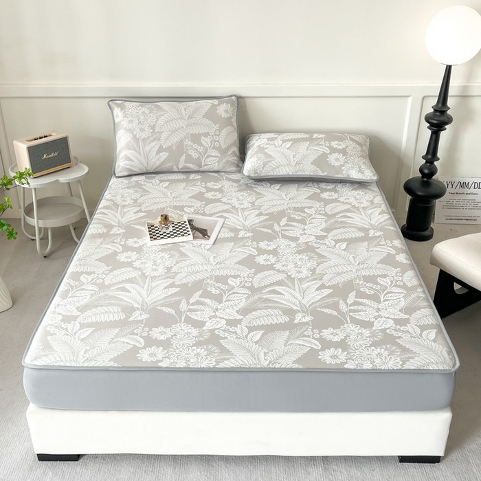 91家纺网 家纺一手货源 找家纺 子曰 2025新款高定版A类PE聚乙烯凉感凉席提花凉席床笠 叶之恋-咖