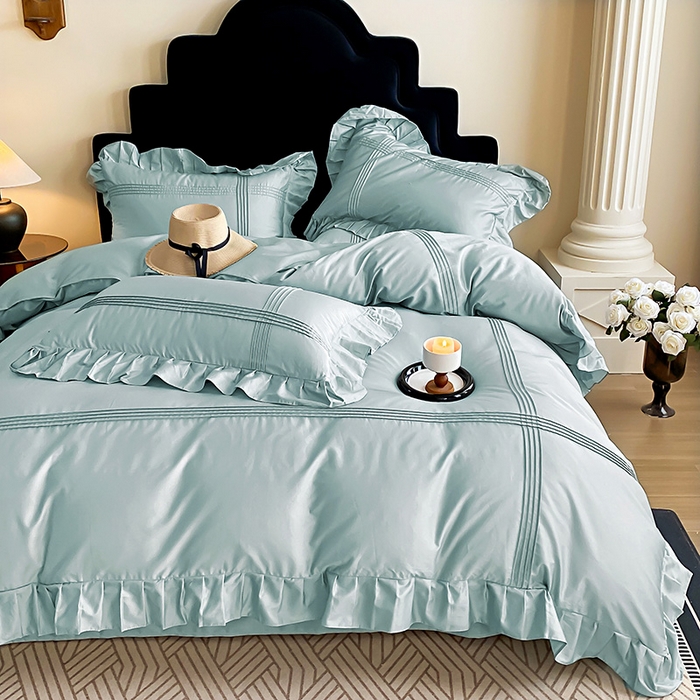 91家纺网 家纺一手货源 找家纺 花香四季家纺 2025新款全棉13376公主风纯棉法式手工立体线条四件套 清风