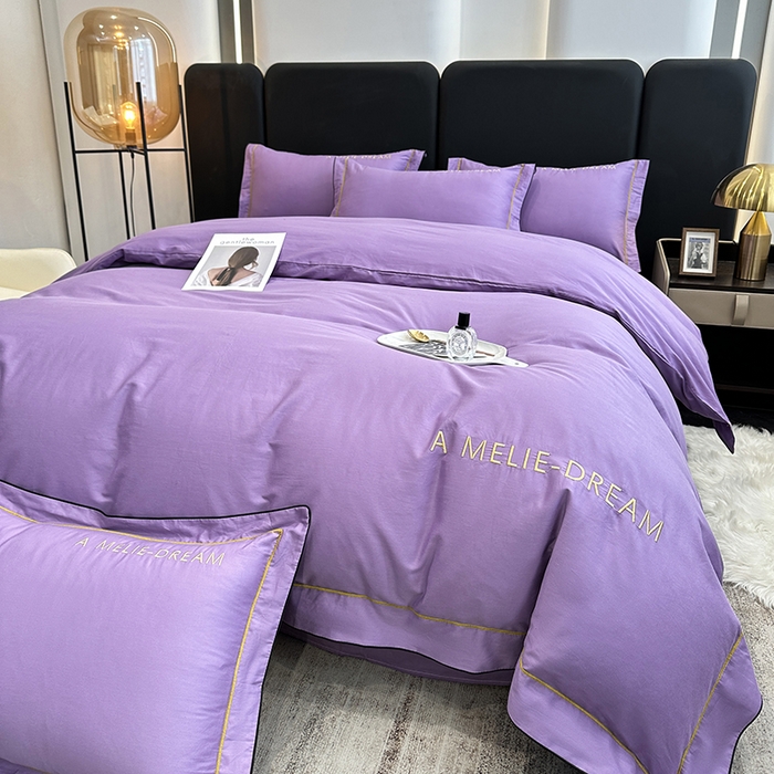 91家纺网 家纺一手货源 找家纺 宇彬家纺 2025新款直播热款13374全棉母婴级压线一字绣宽边枕套被套纯色滚边麻绳四件套贡缎新疆长绒 梦系列-曲雅紫